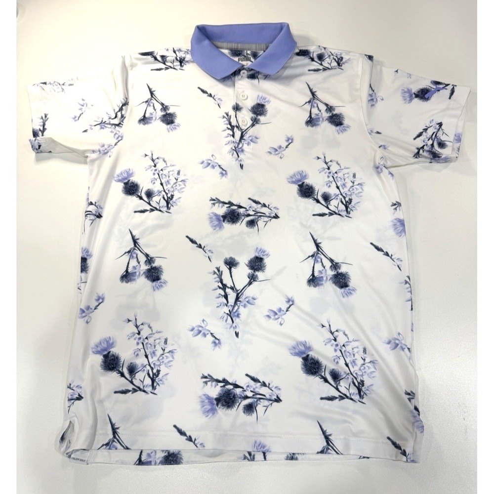 PUMA Golf Polo Shirt Men's Small White Purple Floral Performance Stretch EUC